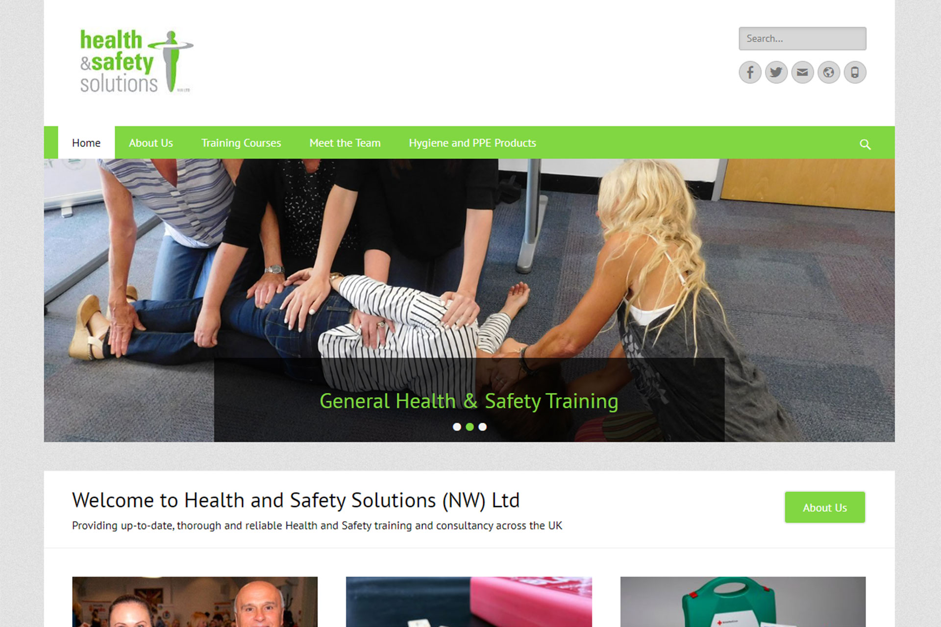 Screenshot of the Health and Safety Solutions home page designed by Picture Engine