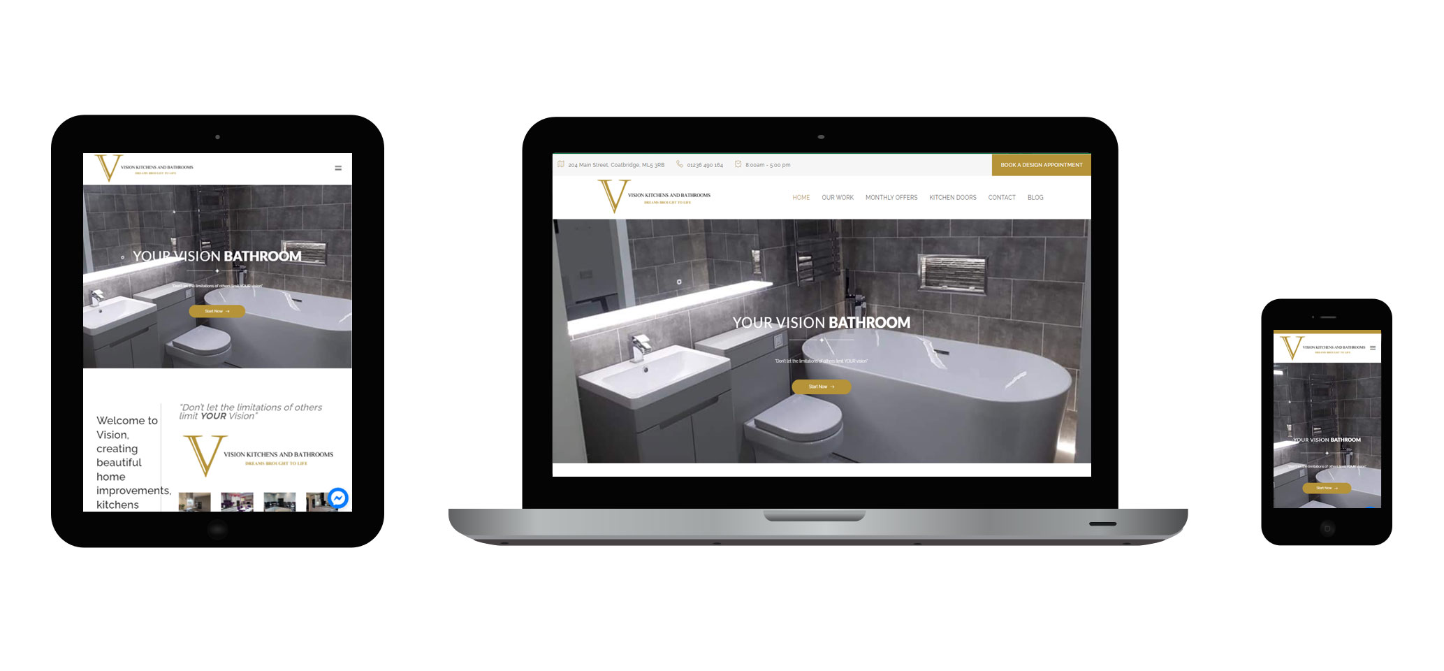 Images of Vision Kitchens and Bathrooms responsive website on different devices