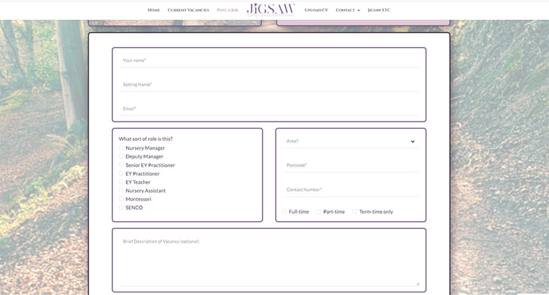 Image of the vacancy posting page for employers at Jigsaw Early Years Recruitment