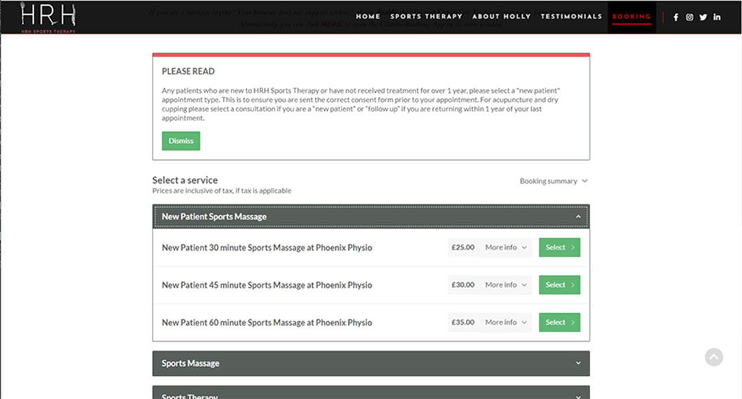 HRH Sports Therapy appointment booking page