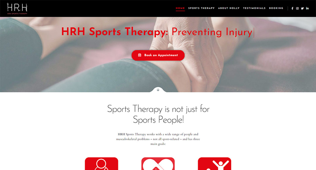 Image of the homepage for the HRH Sports Therapy website