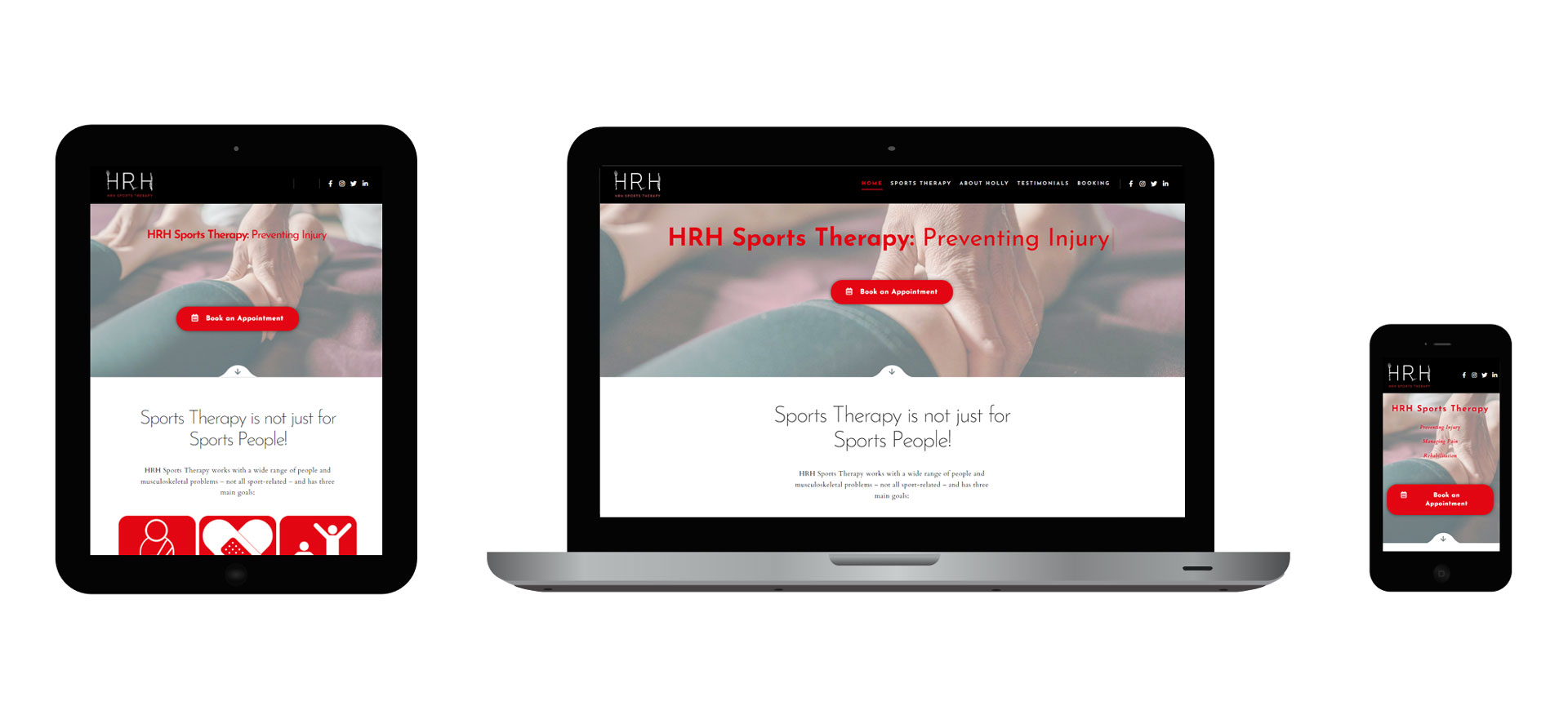 Images of HRH Sports Therapy responsive website on different devices
