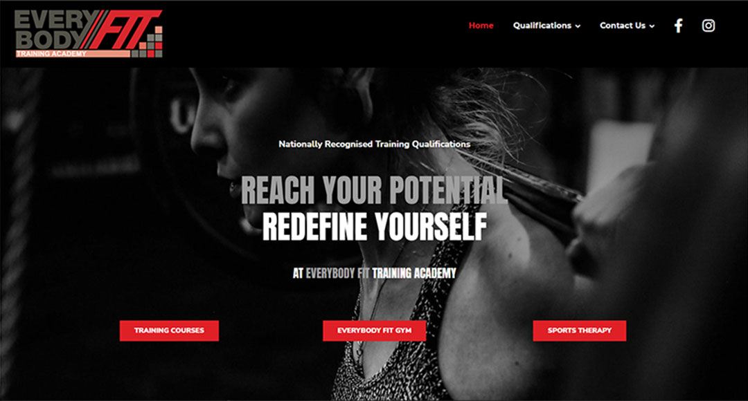Image of the homepage for the Everybody Fit Training Academy website